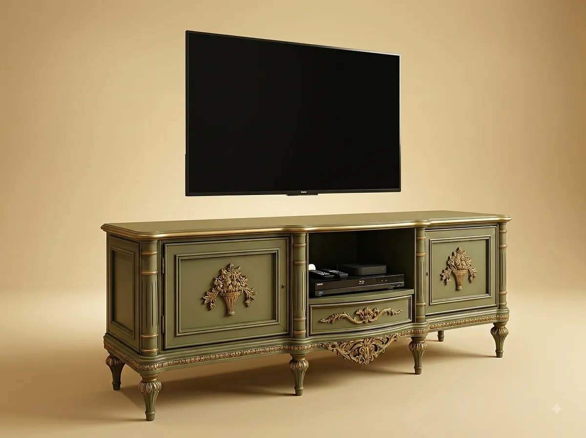 Handcrafted Teak Wood TV Unit Console | Sage and Gold Carved Luxury Design