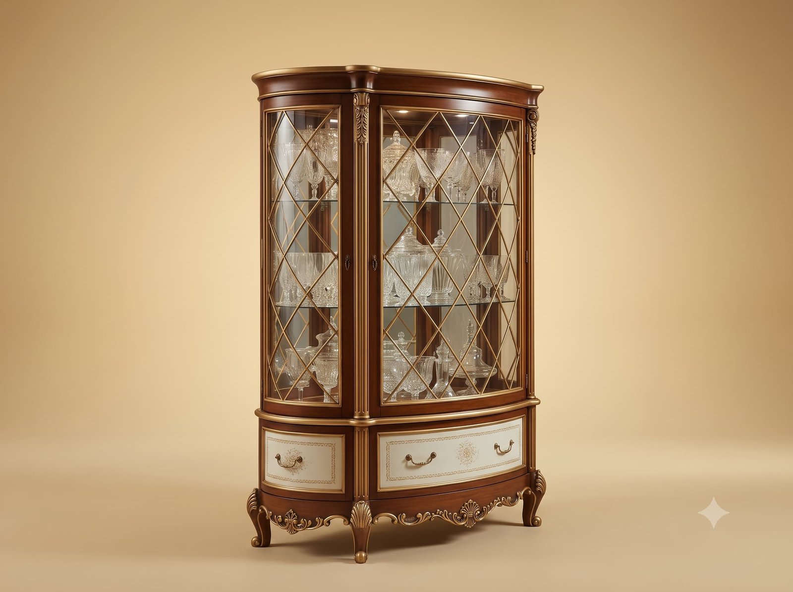 Crystal Display Cabinet in Walnut and Cream with Lattice Glazing