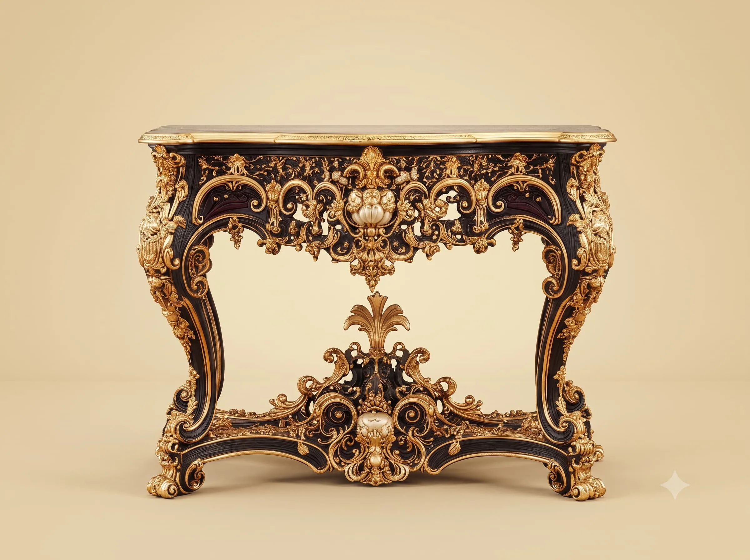 Antique Style Console Table in Carved Teak with Gilded Plume
