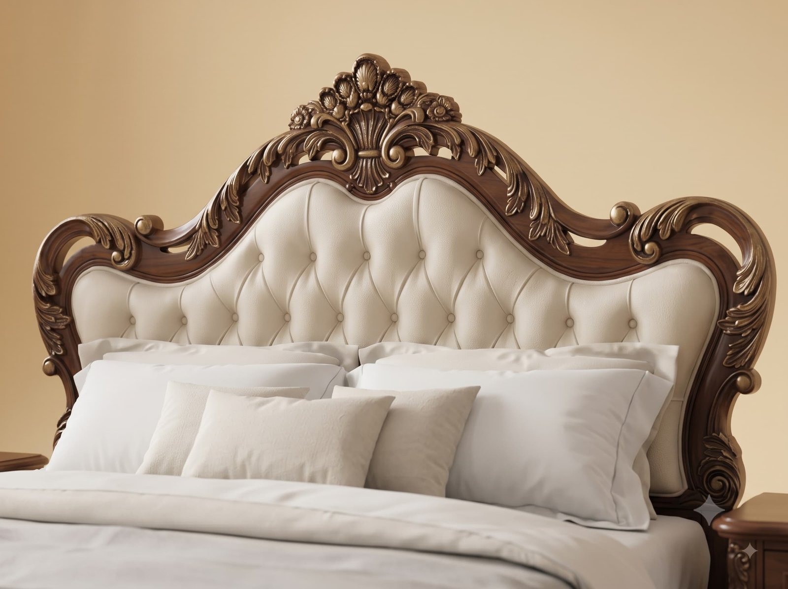 Teak Wood Bed Design in Walnut Finish - Cream Buttoned Headboard - Image 3