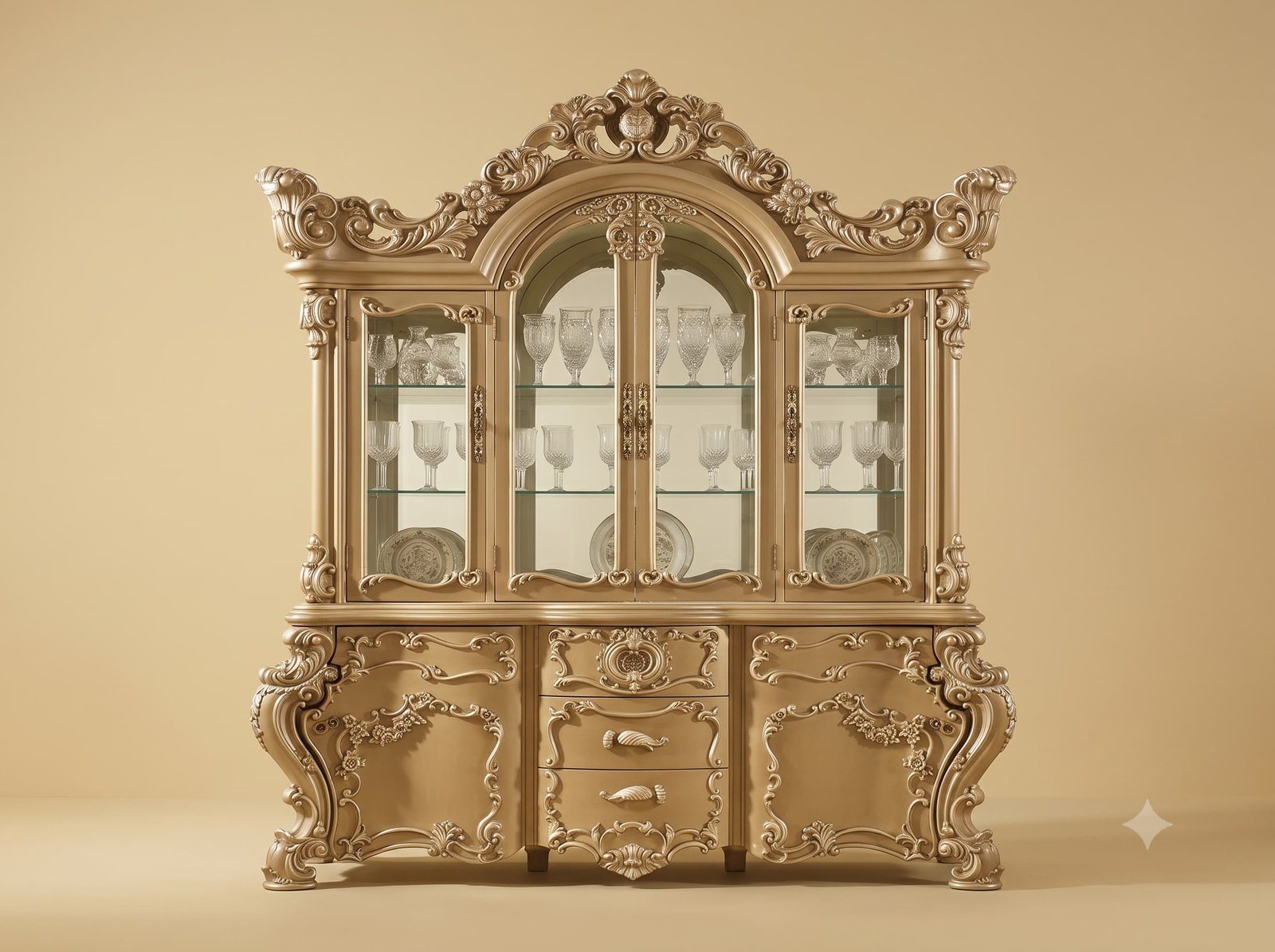 Glass Almirah in Champagne Gold with Arched Centre Display Bay
