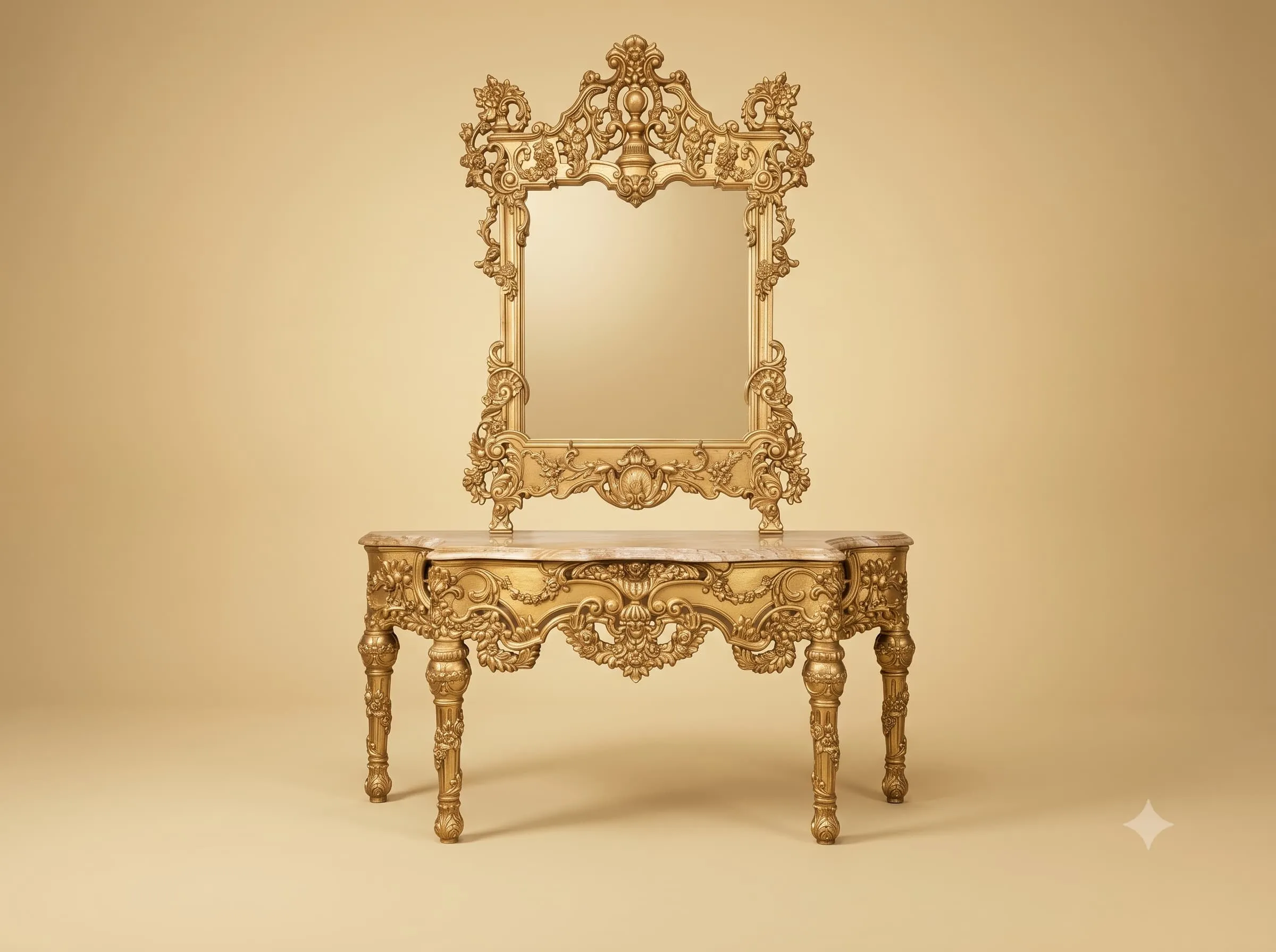 Console Table for Living Room in Gilded Teak with Mirror