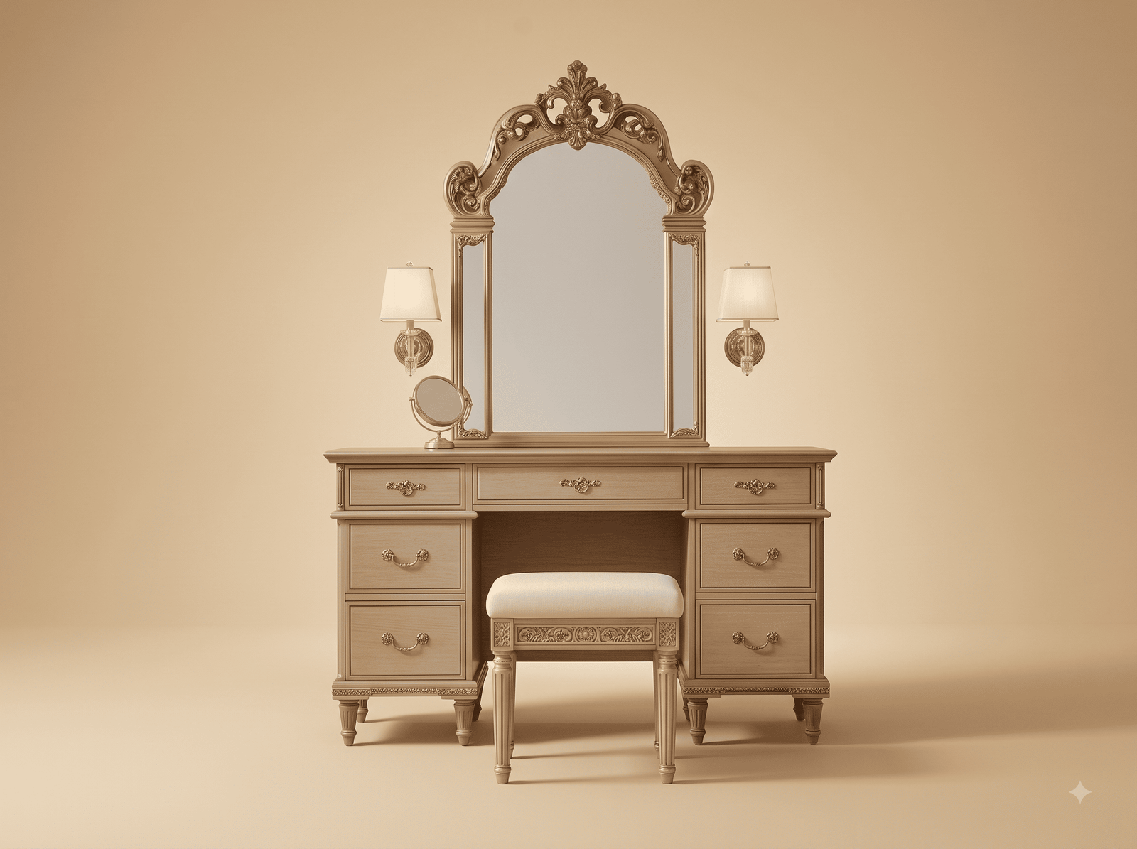Modern Dressing Table in Carved Teak - Taupe with Arched Mirror and Stool
