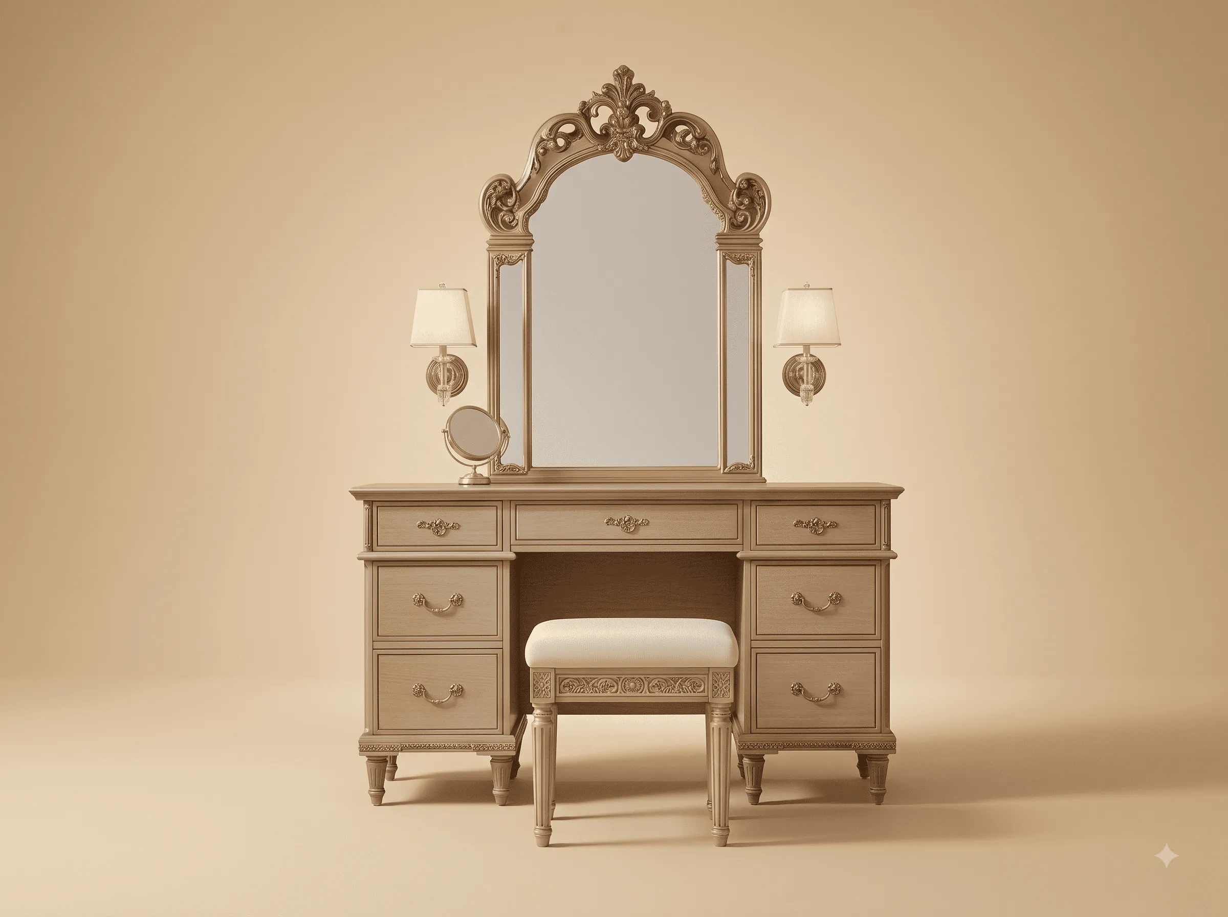 Modern Dressing Table in Carved Teak - Taupe with Arched Mirror and Stool