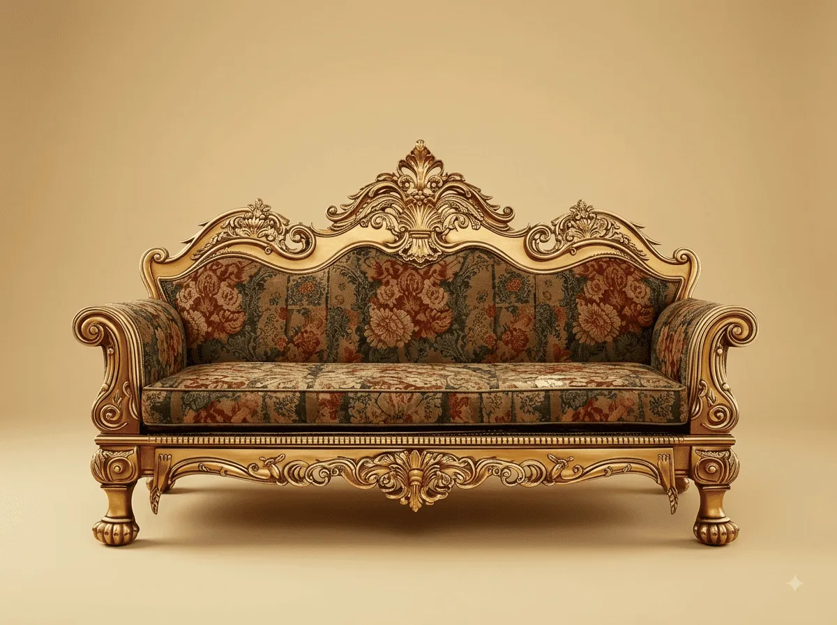 Royal Luxury Handcrafted Carved Teak Settee | Gold and Floral Tapestry