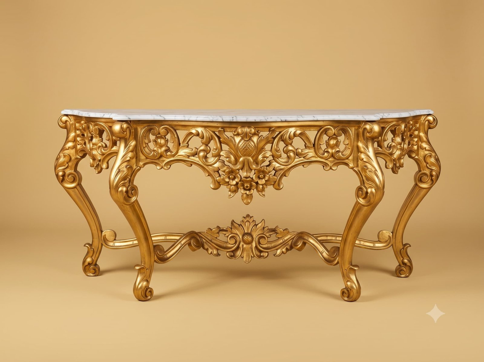 Hall Console Table in Gilded Teak with White Marble Top