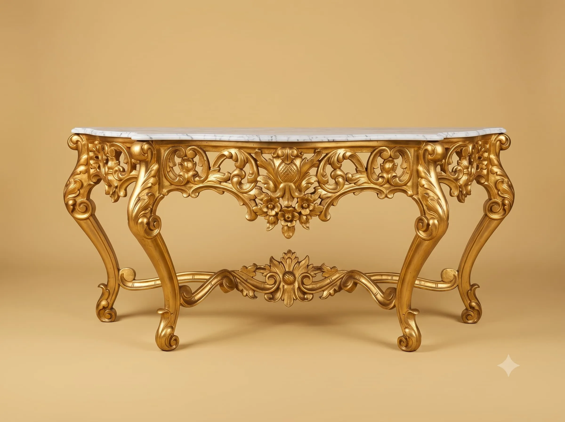 Hall Console Table in Gilded Teak with White Marble Top