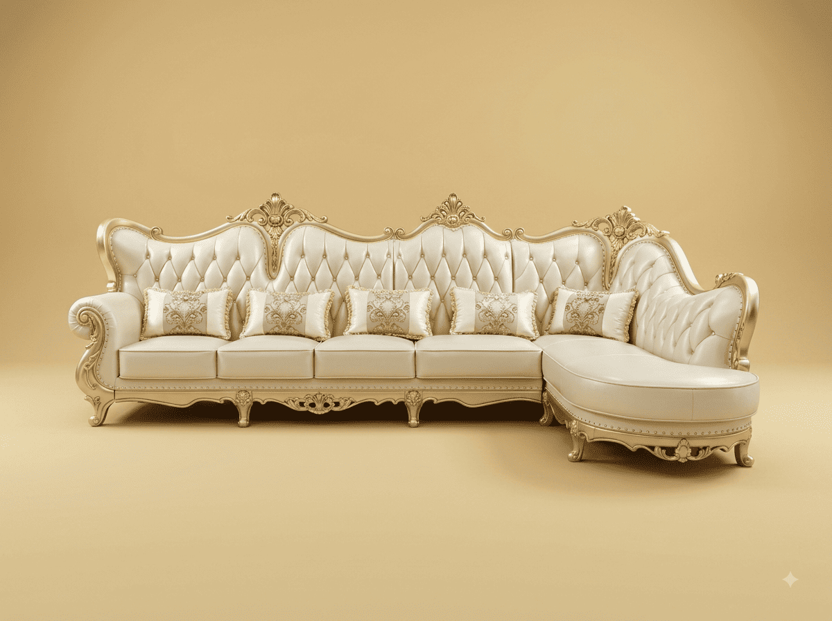 Royal Sofa Set in Carved Teak - Ivory with Rounded Chaise End - Image 1