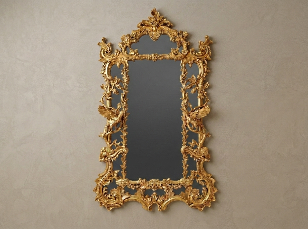 Premium Hand Carved Ornate Teak Wood Mirror Frame with Bird Motifs | Metallic Gold Finish Indian Wall Mirror