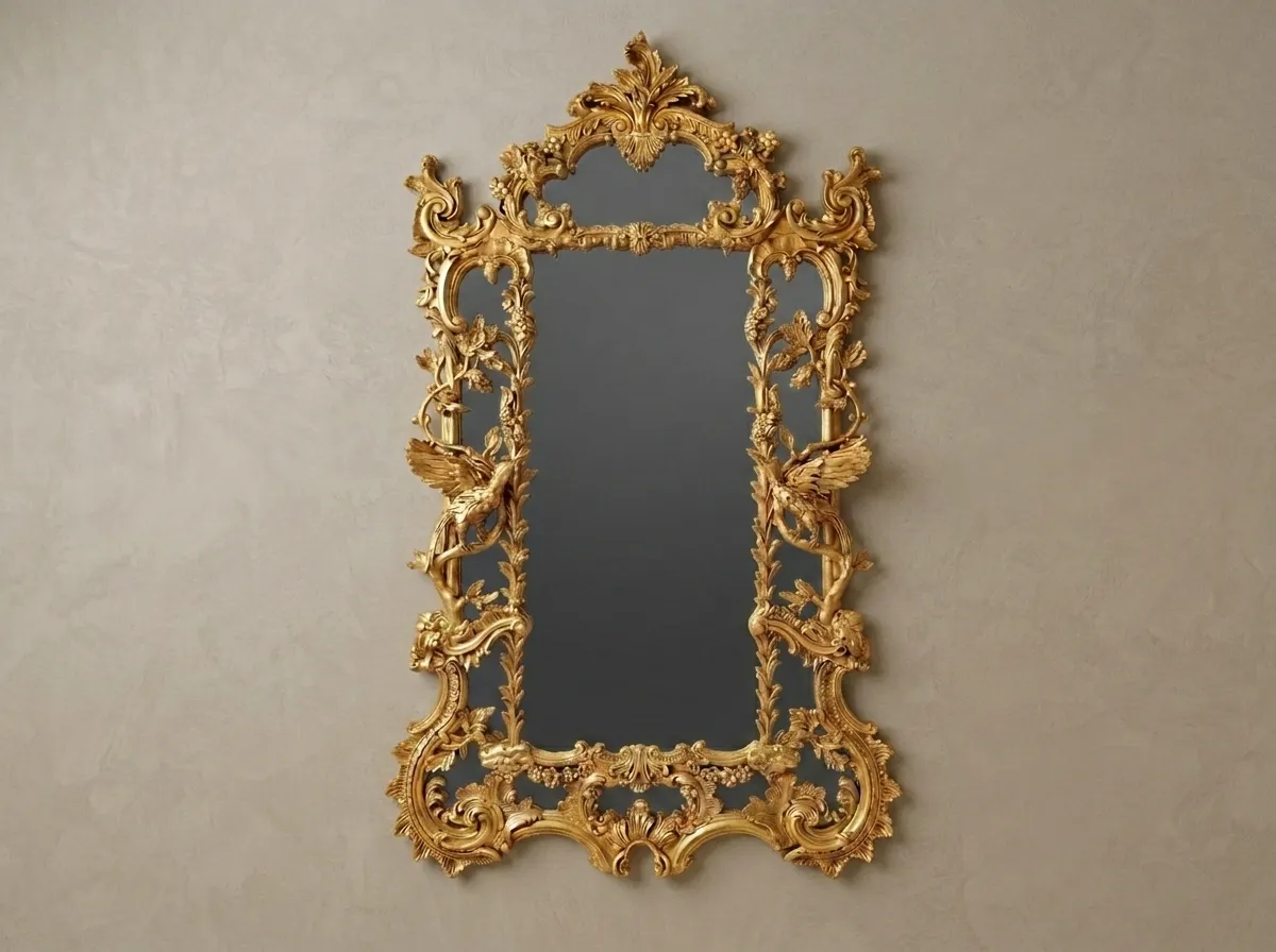 Premium Hand Carved Ornate Teak Wood Mirror Frame with Bird Motifs | Metallic Gold Finish Indian Wall Mirror