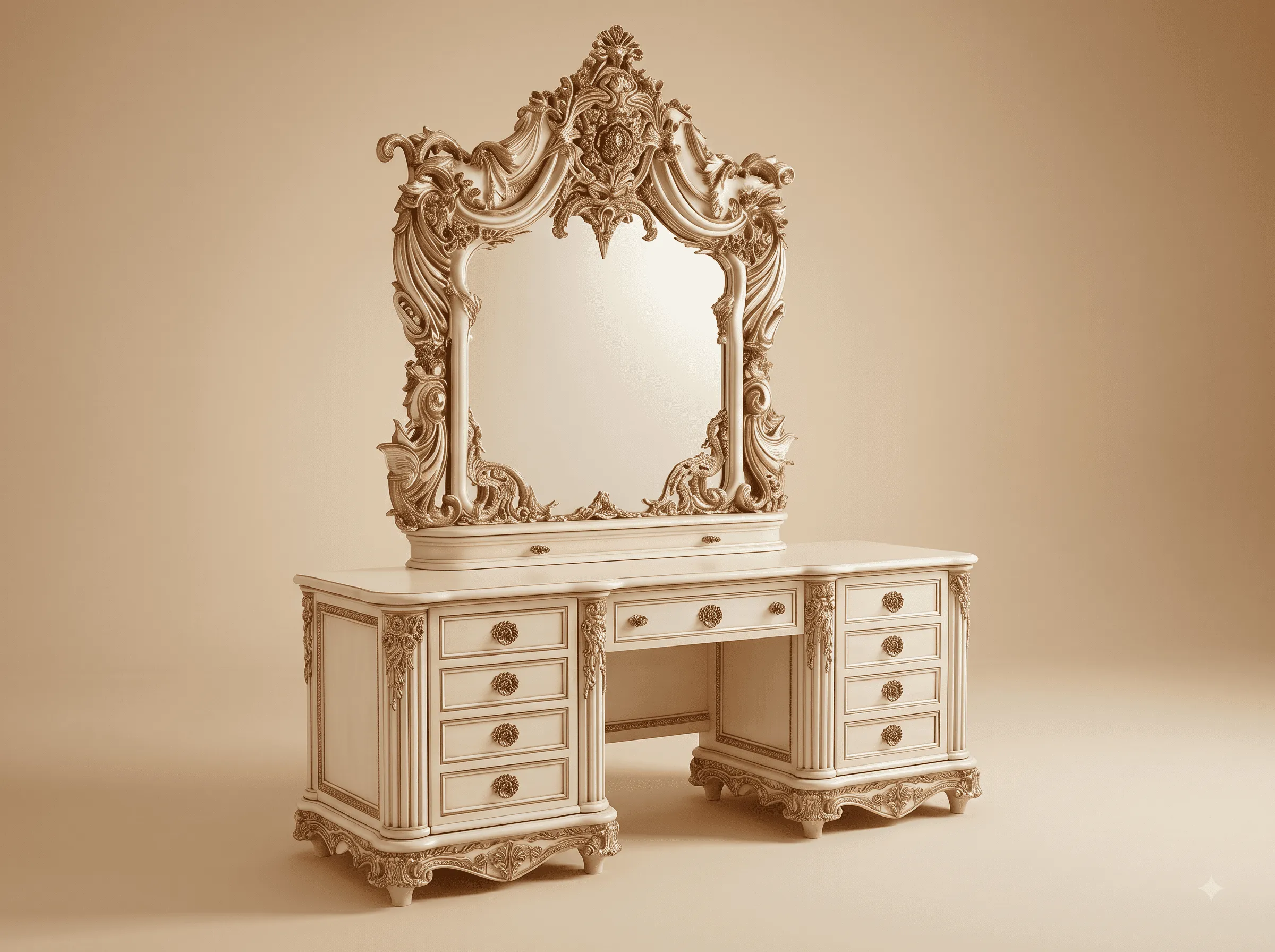 Luxury Dressing Table in Carved Teak - Ivory Rococo Mirror and Nine Drawers