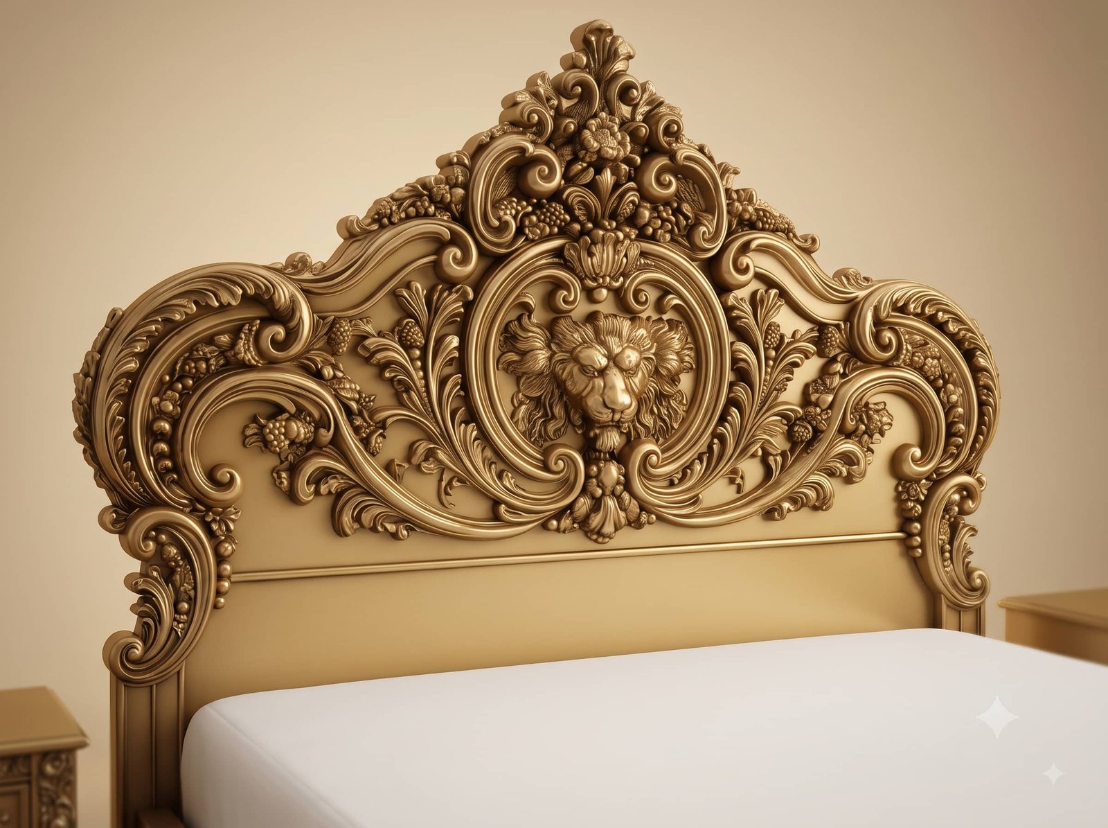 Hand Carved Wooden Bed in Teak - Lion Mask Headboard in Antique Gold - Image 4