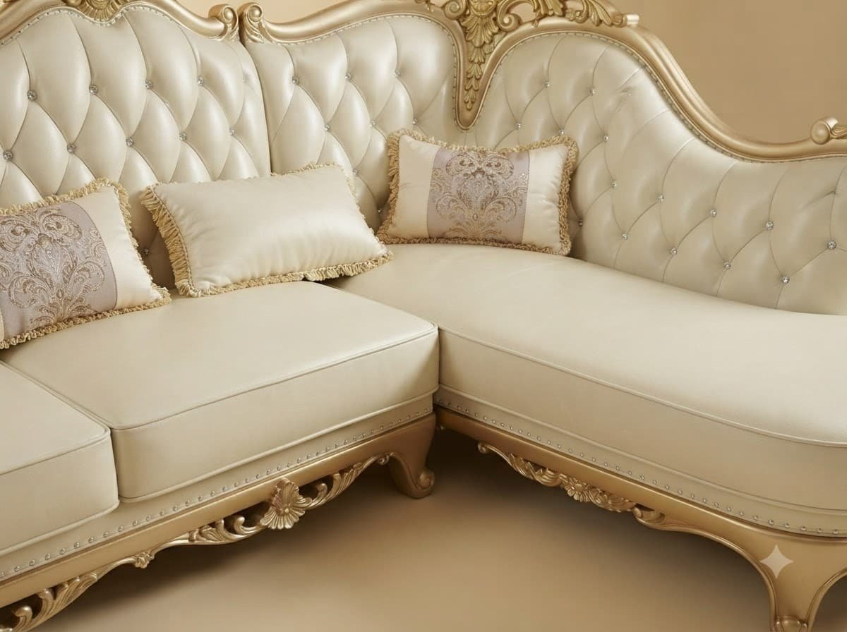 L Shape Sofa in Carved Teak - Cream Buttoned Back with Chaise - Image 4