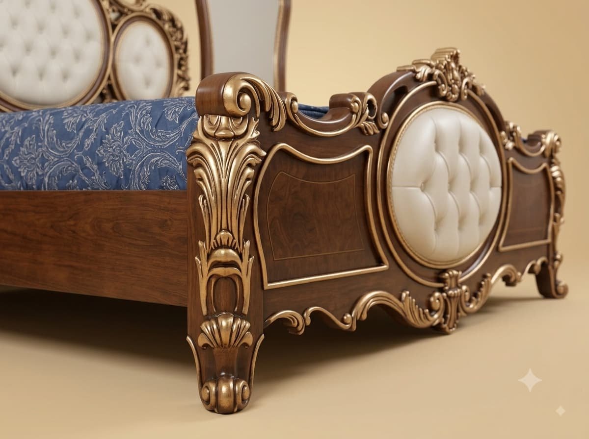 Bed with Oval Tufted Headboard in Carved Teak - Brown and Gold Set - Image 3