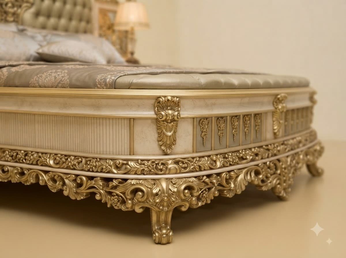 King Size Bed with Bow Footboard in Carved Teak - Gold and Champagne - Image 2