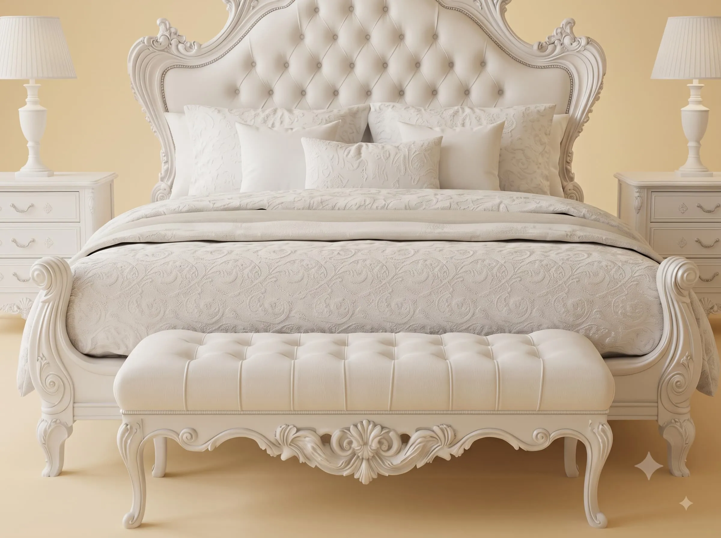 White King Size Bed with Bench and Side Tables - Carved Teak Set