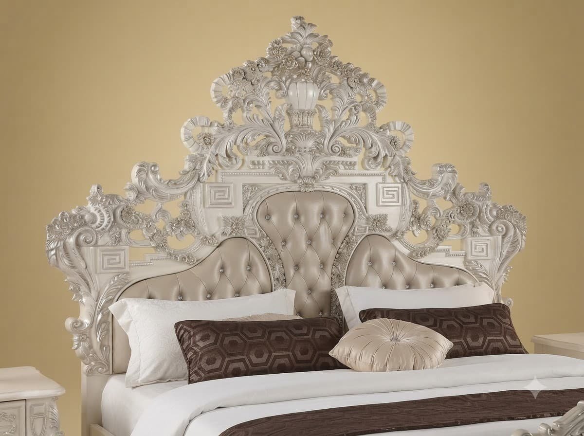 White King Size Bed with Tufted Footboard - Carved Teak Greek Key Design - Image 4