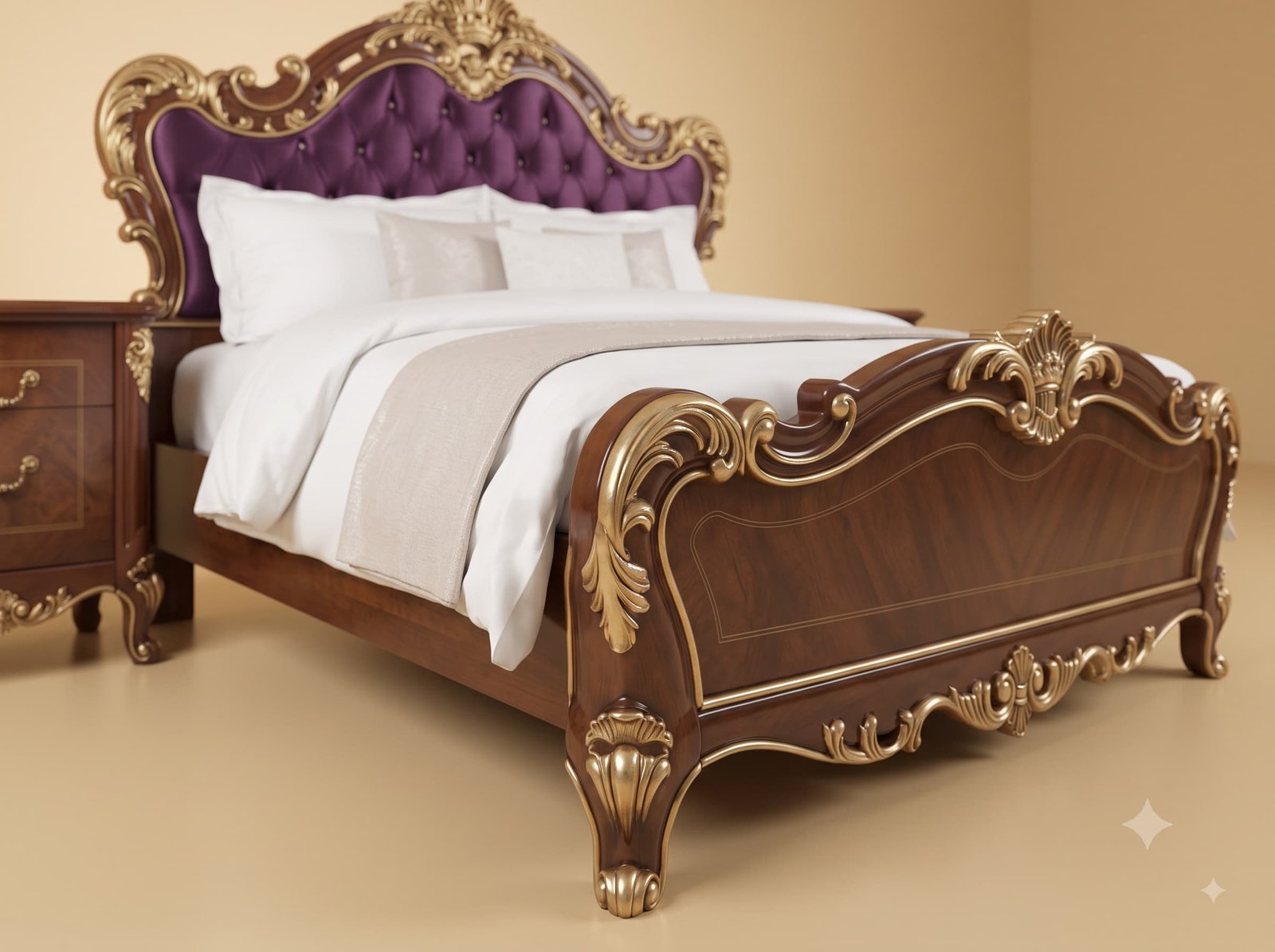 Queen Size Bed in Carved Teak - Purple Velvet Buttoned Headboard - Image 2