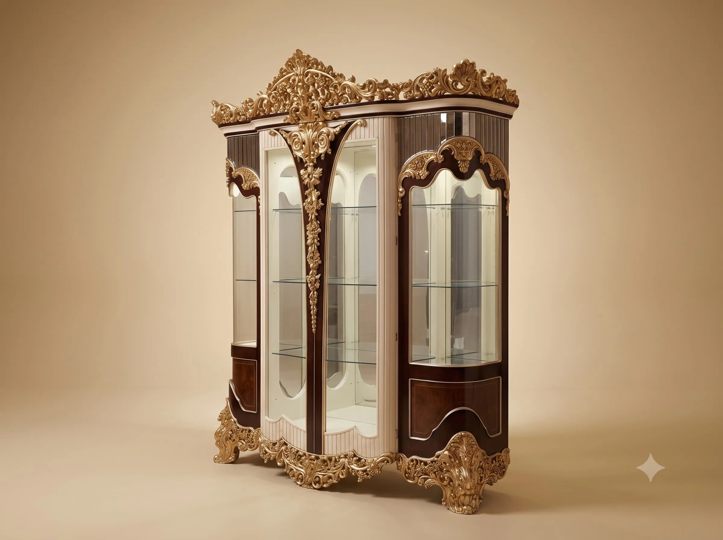 Vitrine Cabinet in Walnut and Ivory with Gilded Carved Crest