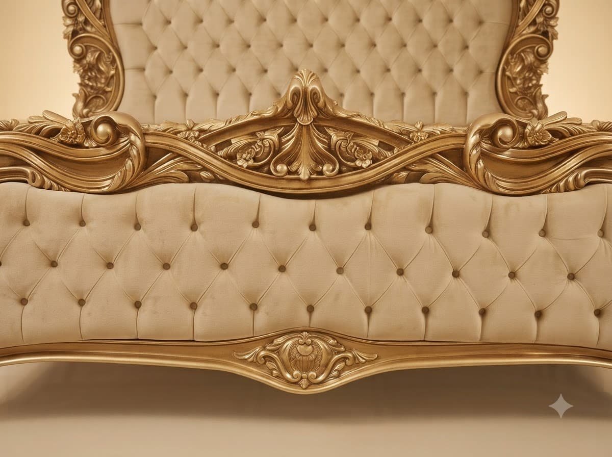 Velvet King Size Bed in Carved Teak - Gold Frame with Tufted Headboard - Image 3