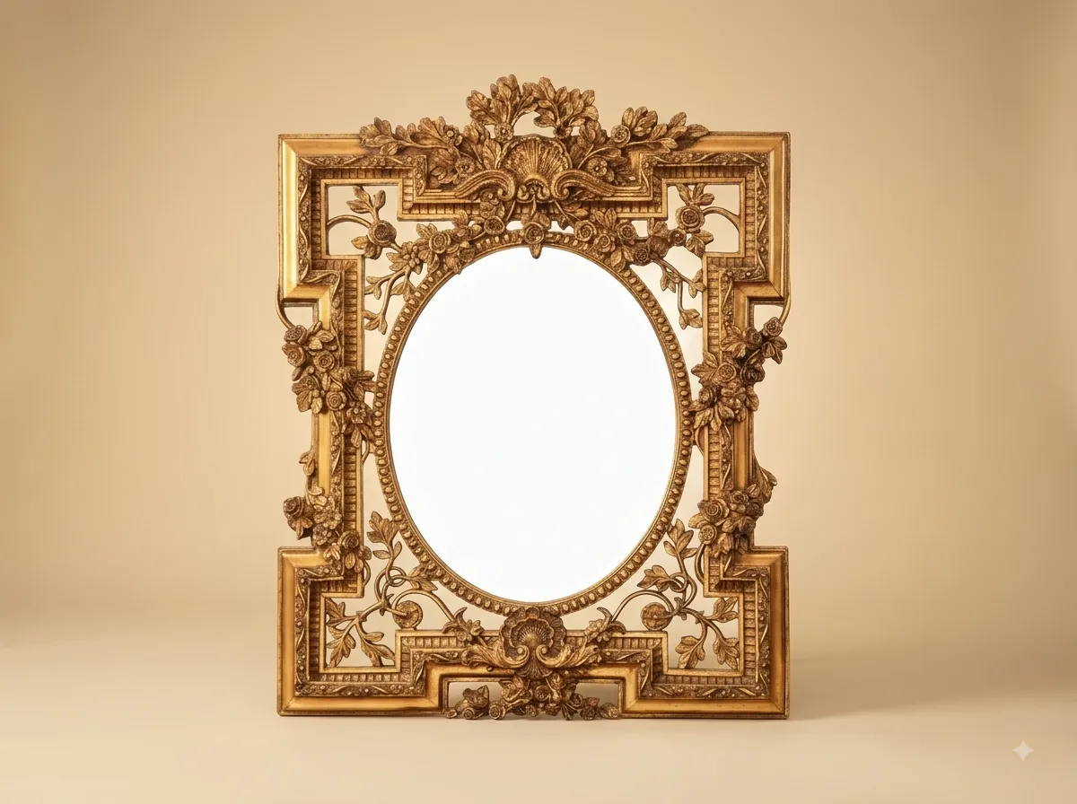 Hand-Carved Teak Wood Oval Mirror in Square Frame | Gold Rose Garland Carving