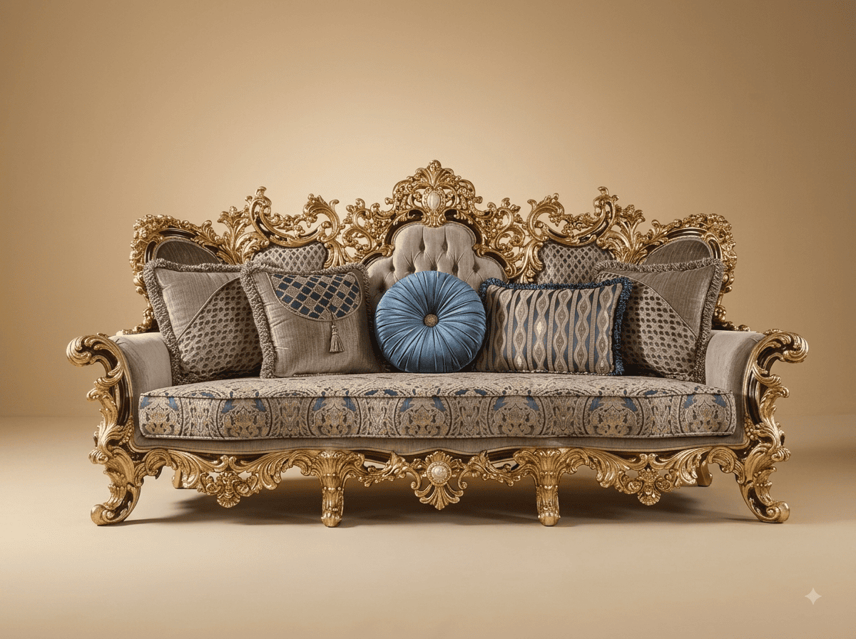 Royal Luxury Handcrafted Carved Teak Sofa Set | Gold Openwork Carved Frame