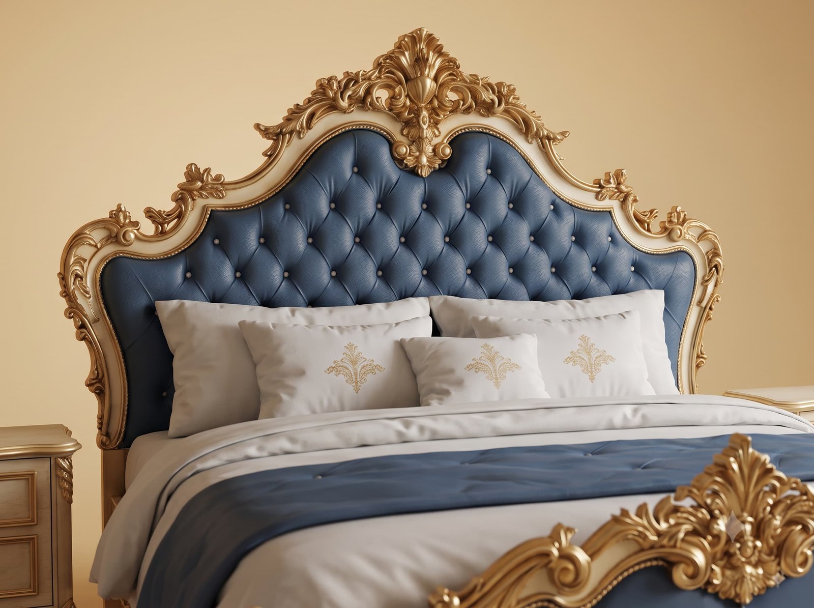 Blue Bed Design in Carved Teak - Ivory and Gold Frame with Tufted Head - Image 4