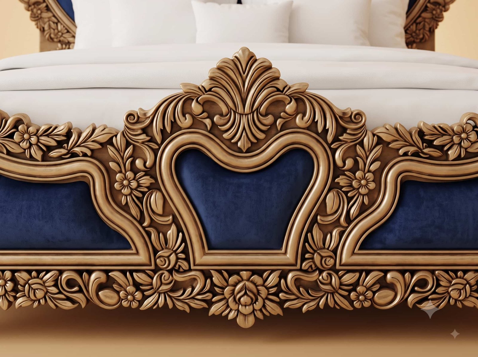 Royal Blue Bed in Carved Teak - Crystal Buttoned Velvet Panels - Image 3