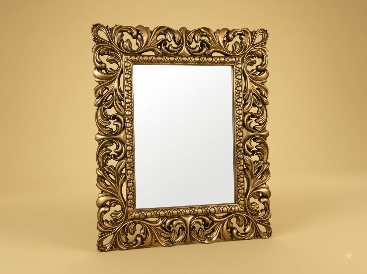 Hand-Carved Teak Wood Acanthus Leaf Wall Mirror | Gold Continuous Carved Border