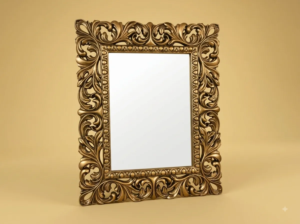 Hand-Carved Teak Wood Acanthus Leaf Wall Mirror | Gold Continuous Carved Border