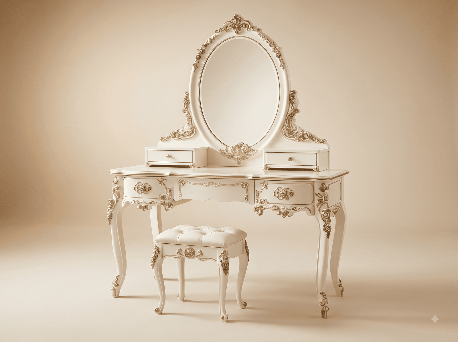 French Dressing Table in Carved Teak - White with Oval Mirror and Stool
