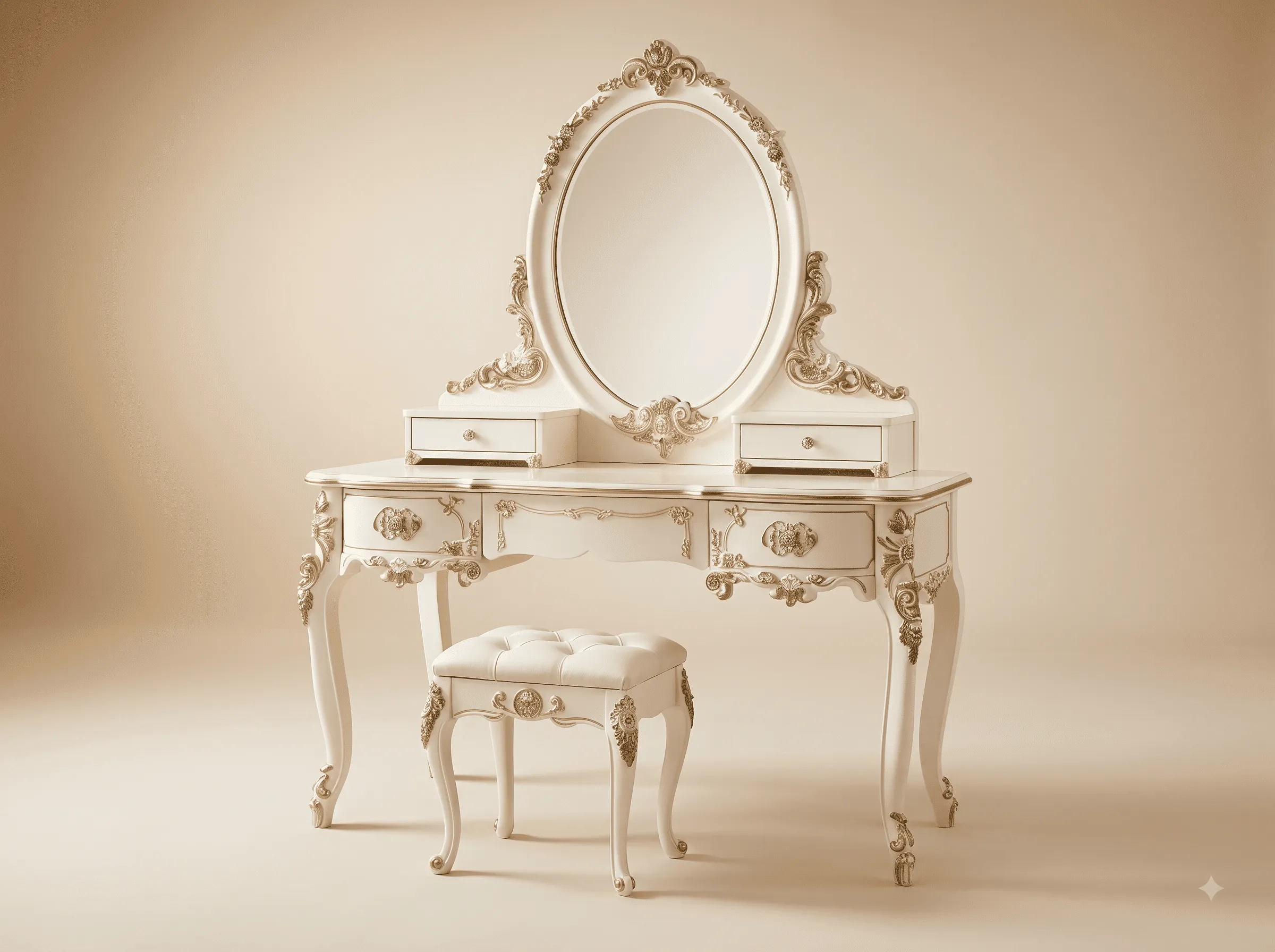 French Dressing Table in Carved Teak - White with Oval Mirror and Stool