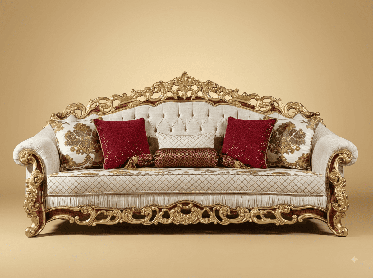 Royal Luxury Handcrafted Carved Teak Sofa | Gold Ivory and Burgundy