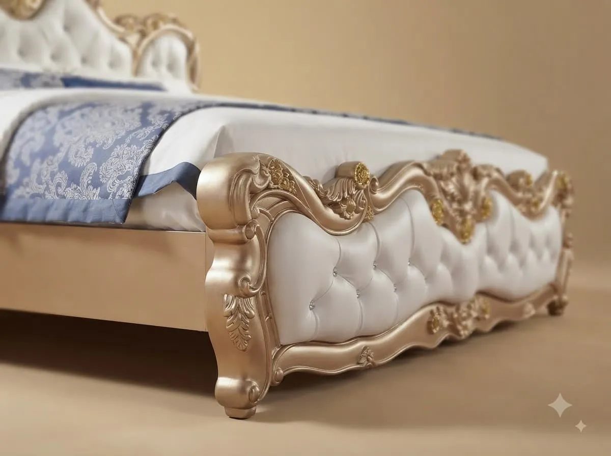 Rose Gold King Size Bed Frame in Carved Teak - White Tufted Panels