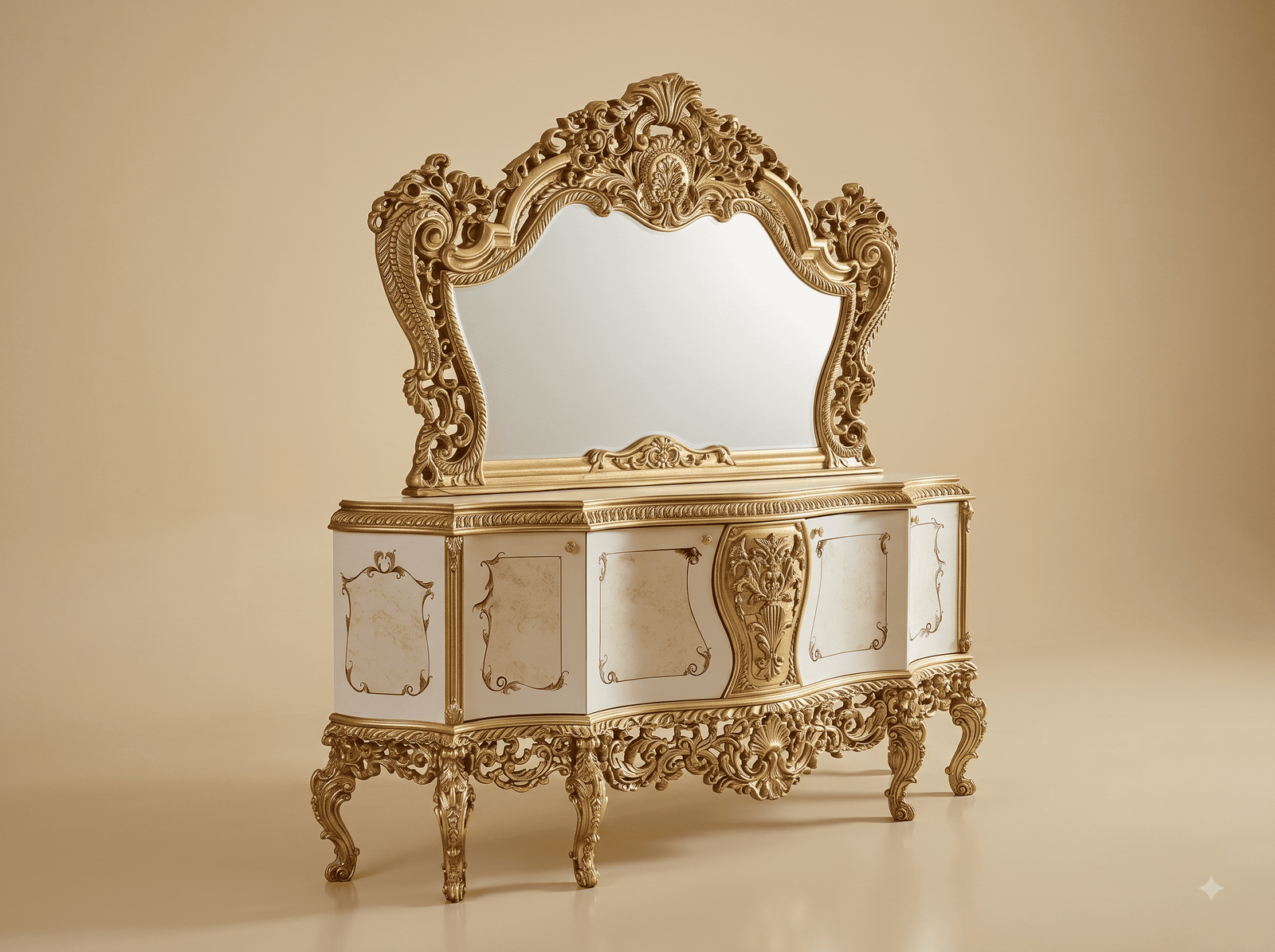 Dresser with Mirror in Carved Teak - Ivory and Gold with Carved Apron