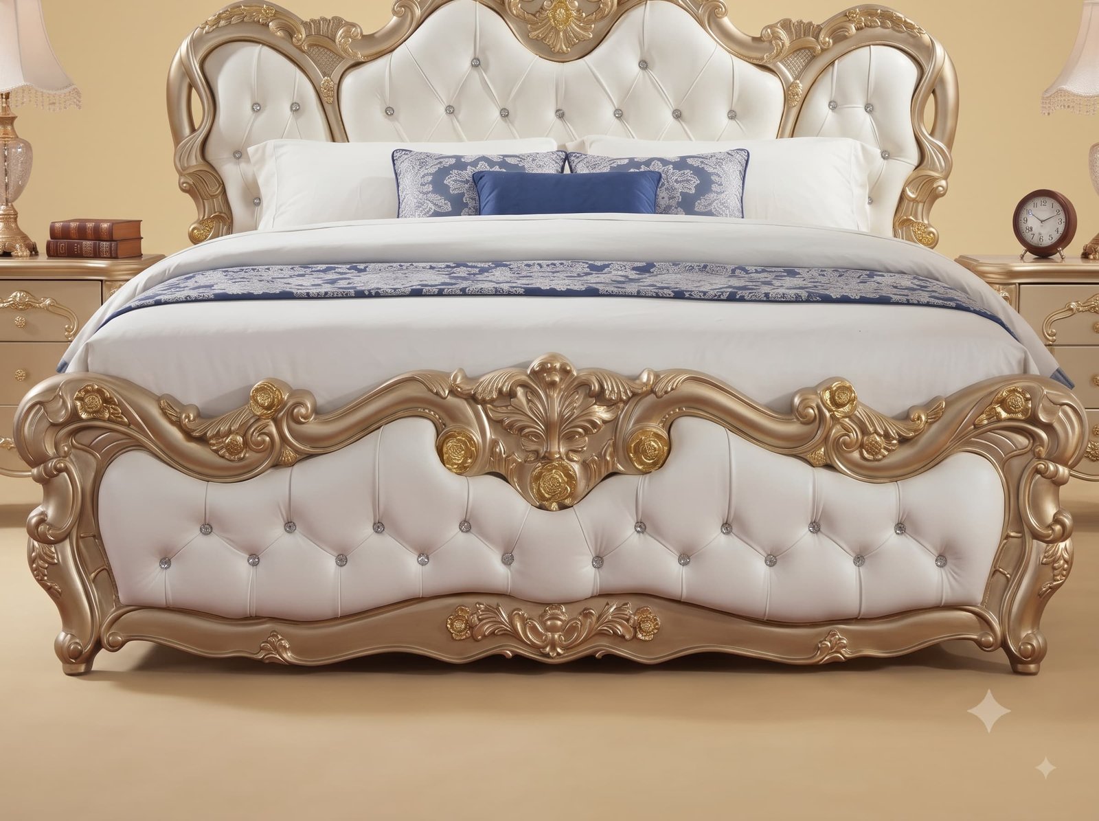 Rose Gold King Size Bed Frame in Carved Teak - White Tufted Panels - Image 4