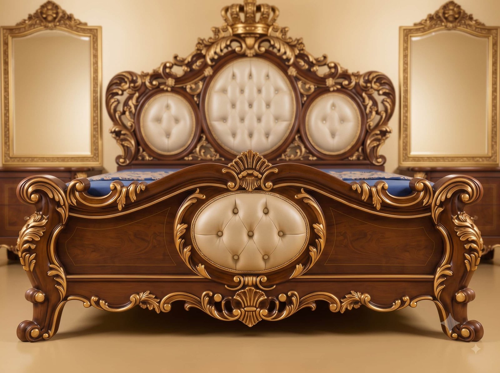Royal Bed Design in Carved Teak - Gilded Crown and Tufted Ovals - Image 3
