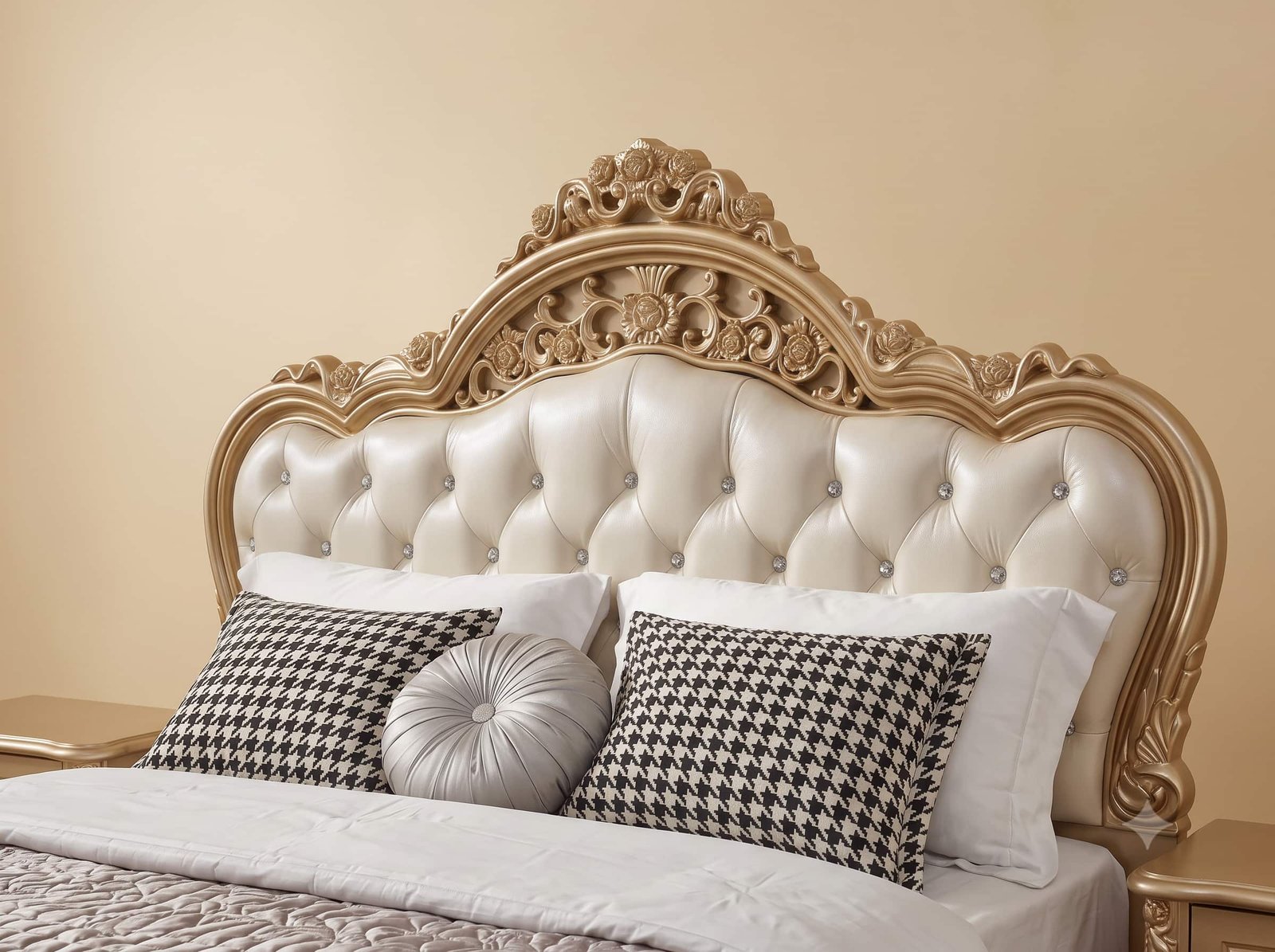 Double Bed Design in Carved Teak - Cream Tufted with Champagne Gold - Image 4