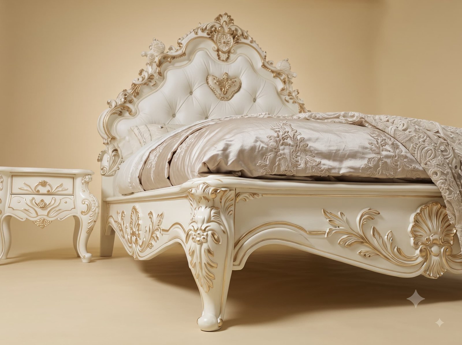 French Style Bed in Carved Teak - Ivory with Buttoned Headboard - Image 2