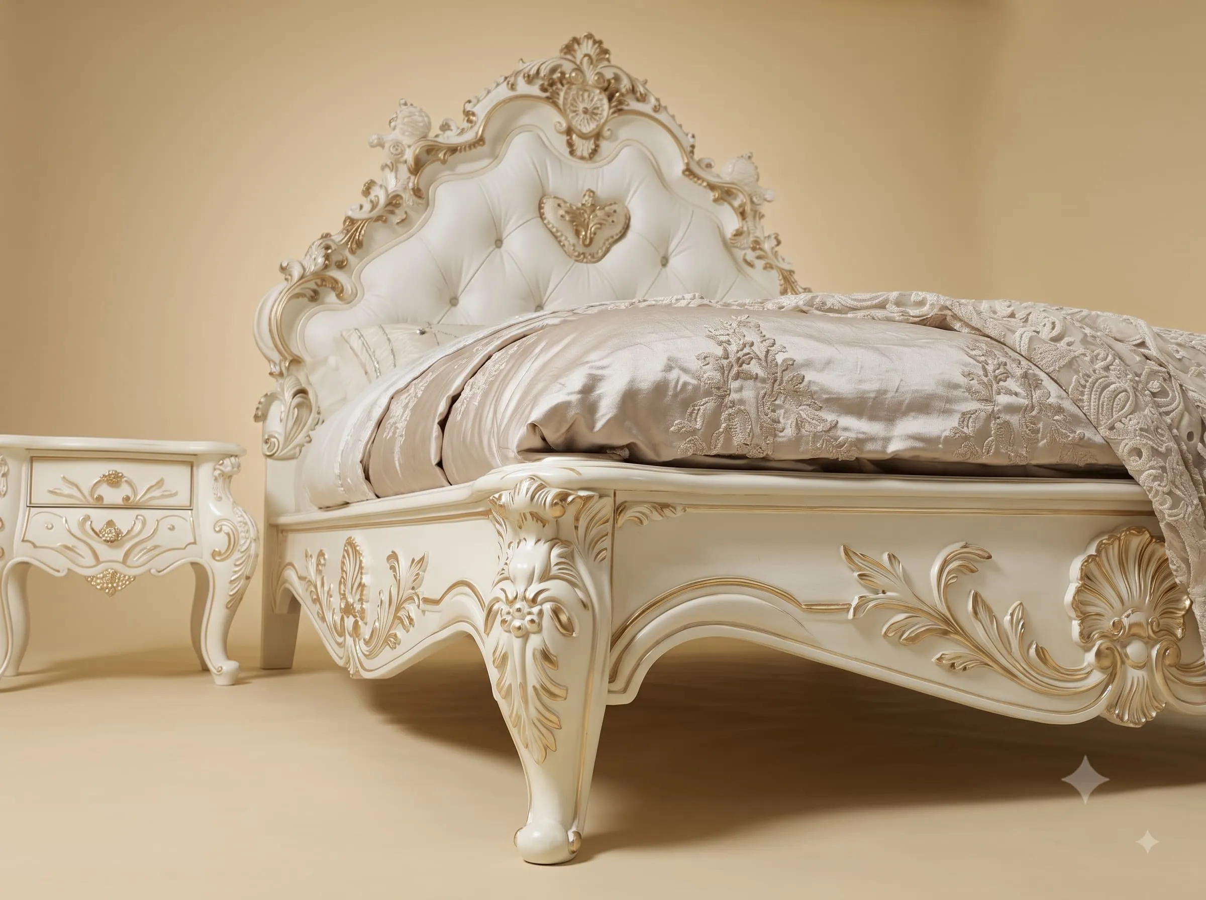 French Style Bed in Carved Teak - Ivory with Buttoned Headboard