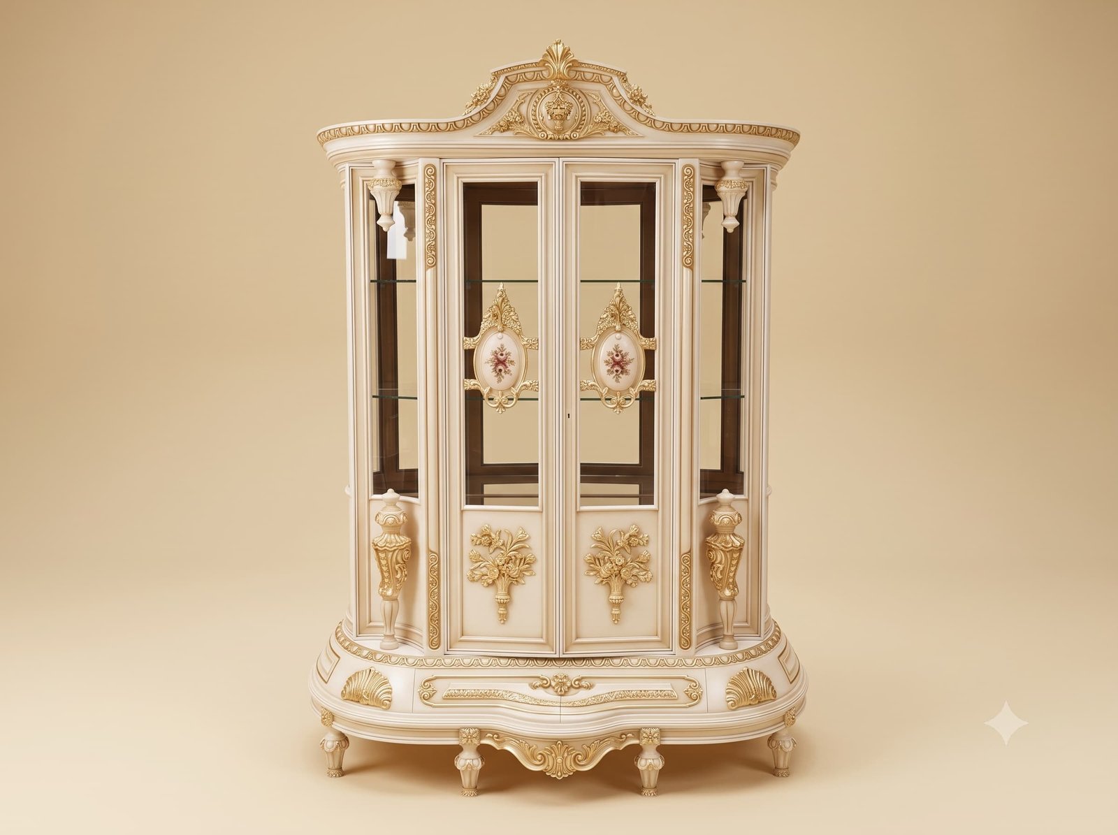 Small Showcase in Carved Teak with Painted Medallions