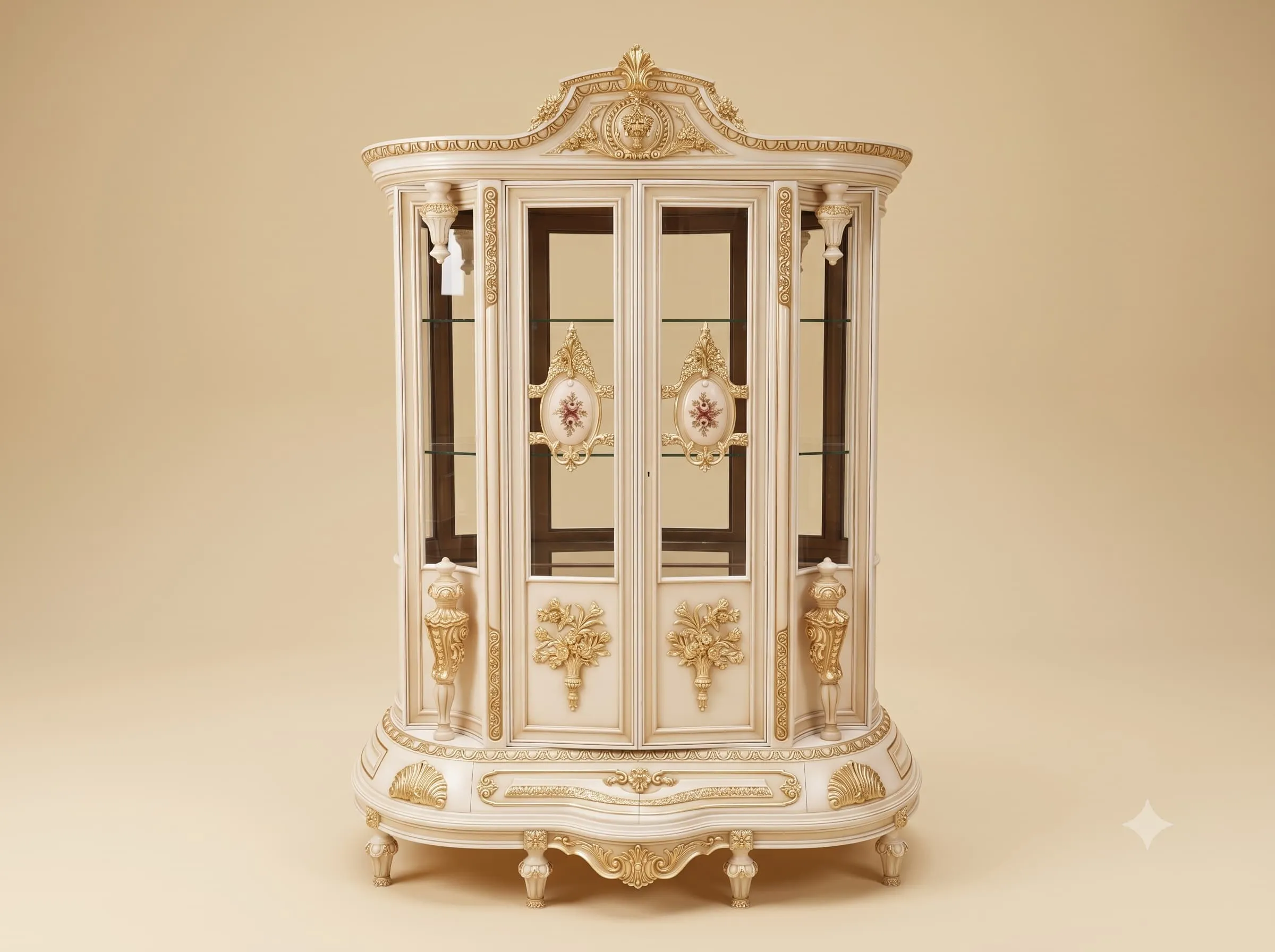 Small Showcase in Carved Teak with Painted Medallions