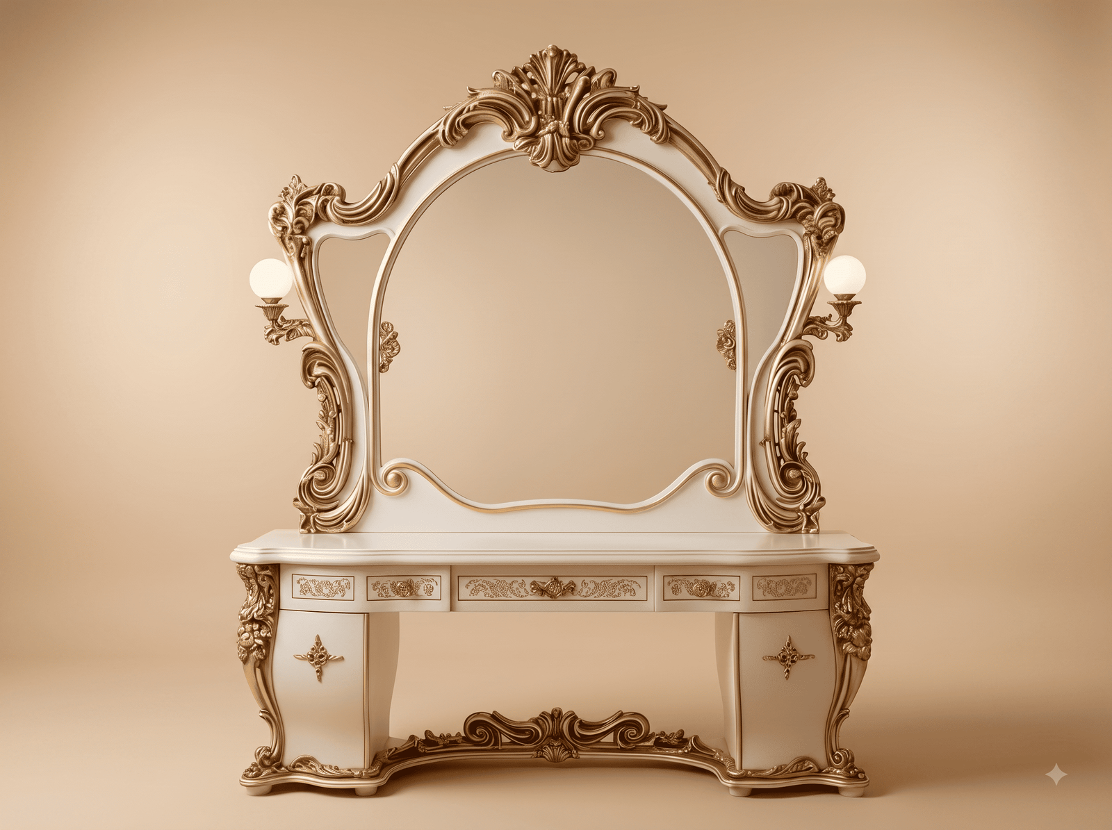 Dressing Table with Lights in Carved Teak - Ivory with Side Mirrors