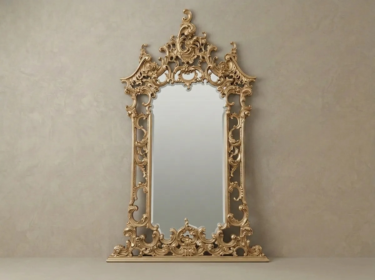 Baroque Style Hand Carved Royal Golden Teak Wood Mirror Frame | Distressed Finish Ornate Italian Luxury Wall Mirror