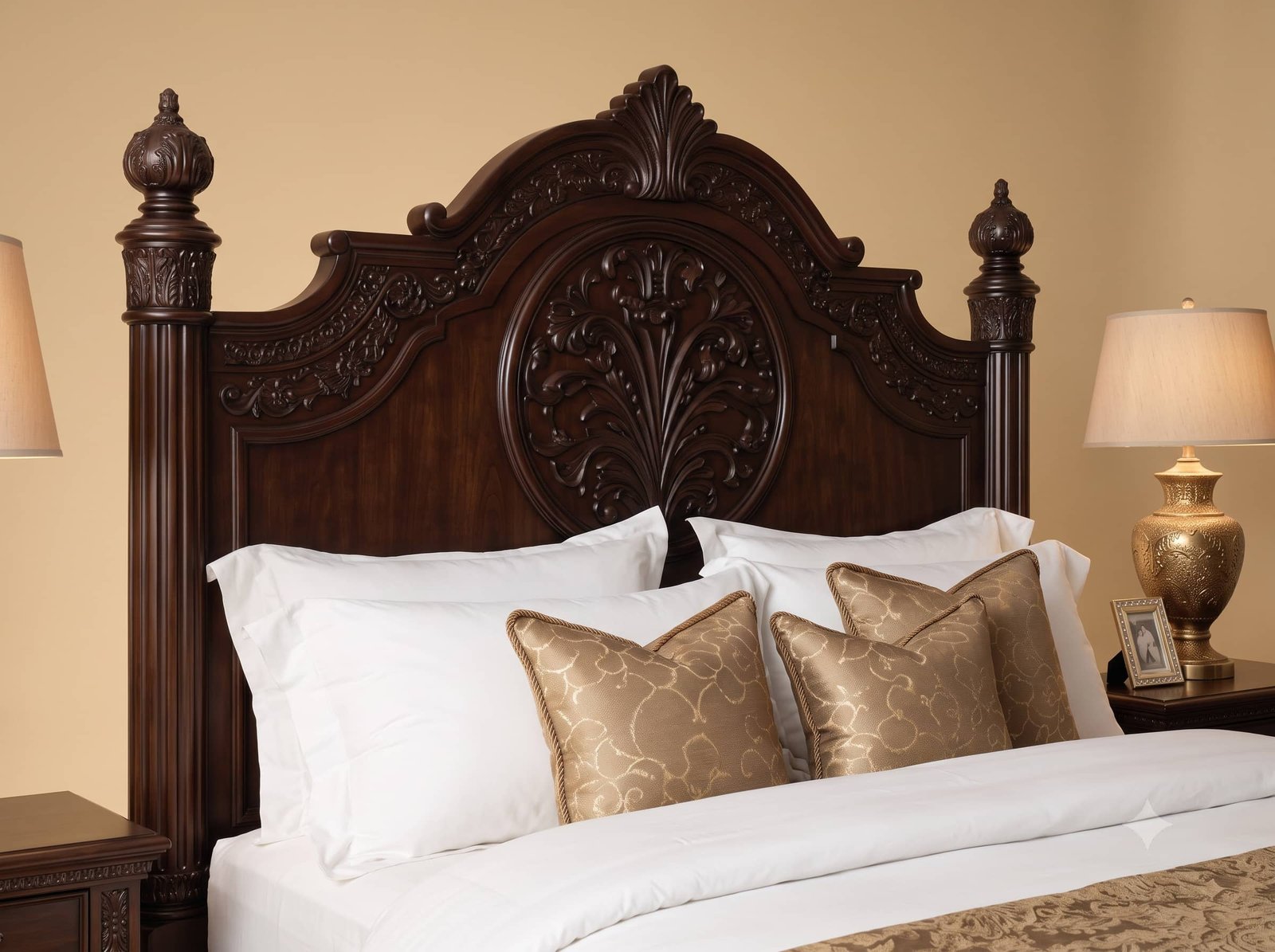 Dark Wood Bed Design in Carved Teak - Espresso with Post Finials - Image 4