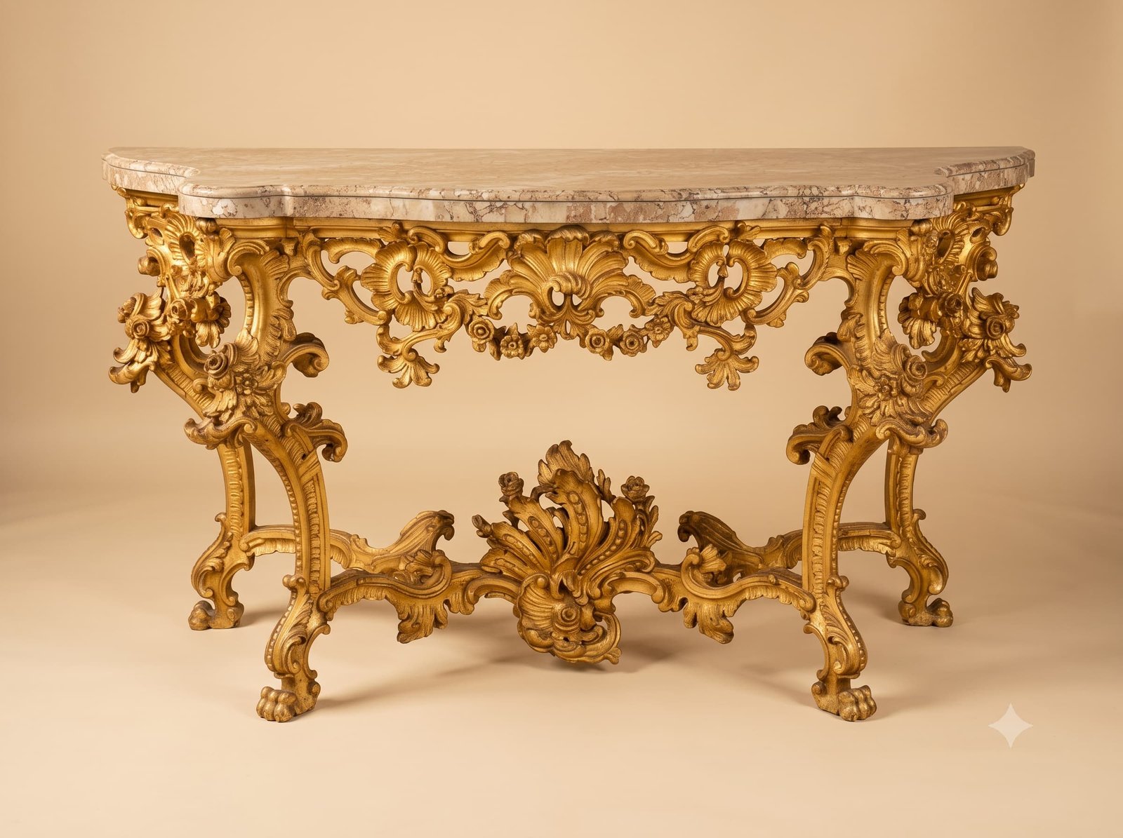 Carved Console Table in Gilded Teak with Veined Marble Top