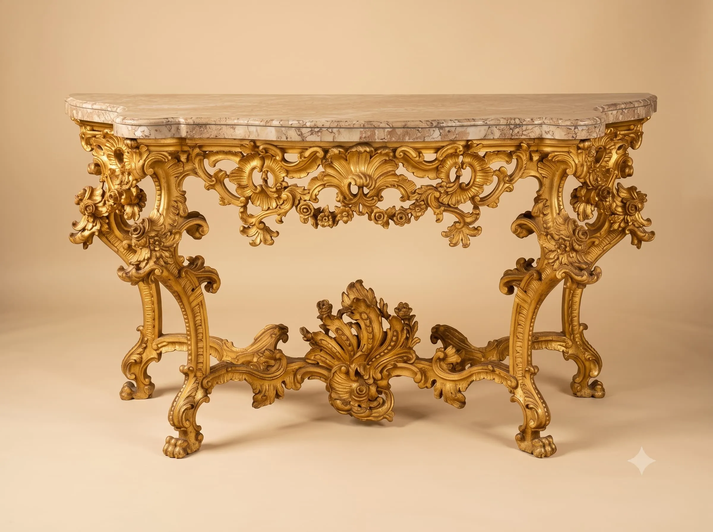 Carved Console Table in Gilded Teak with Veined Marble Top