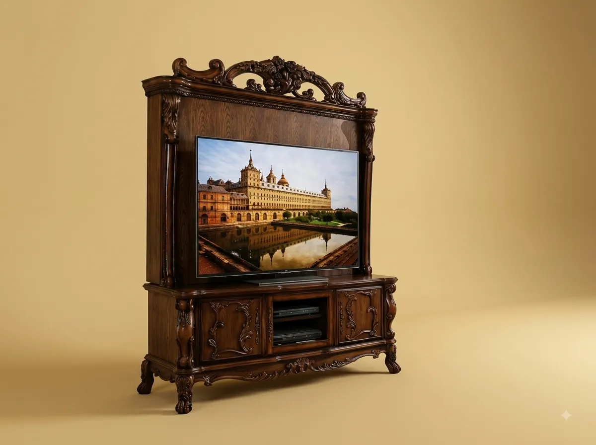 Handcrafted Teak Wood Entertainment Unit | Carved Back Panel TV Unit Design