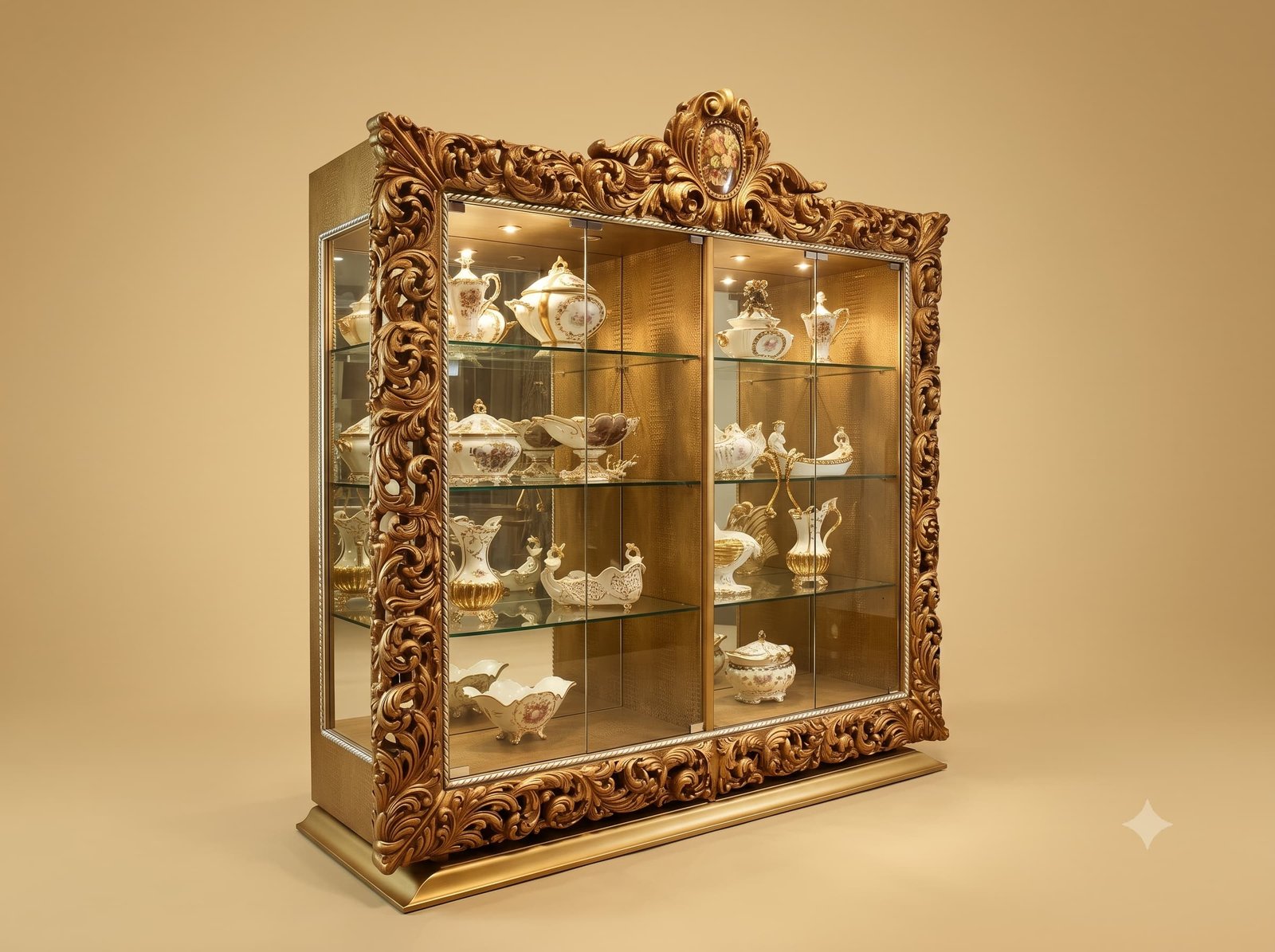 Lighted Display Cabinet in Gold with Deep Carved Acanthus Frame