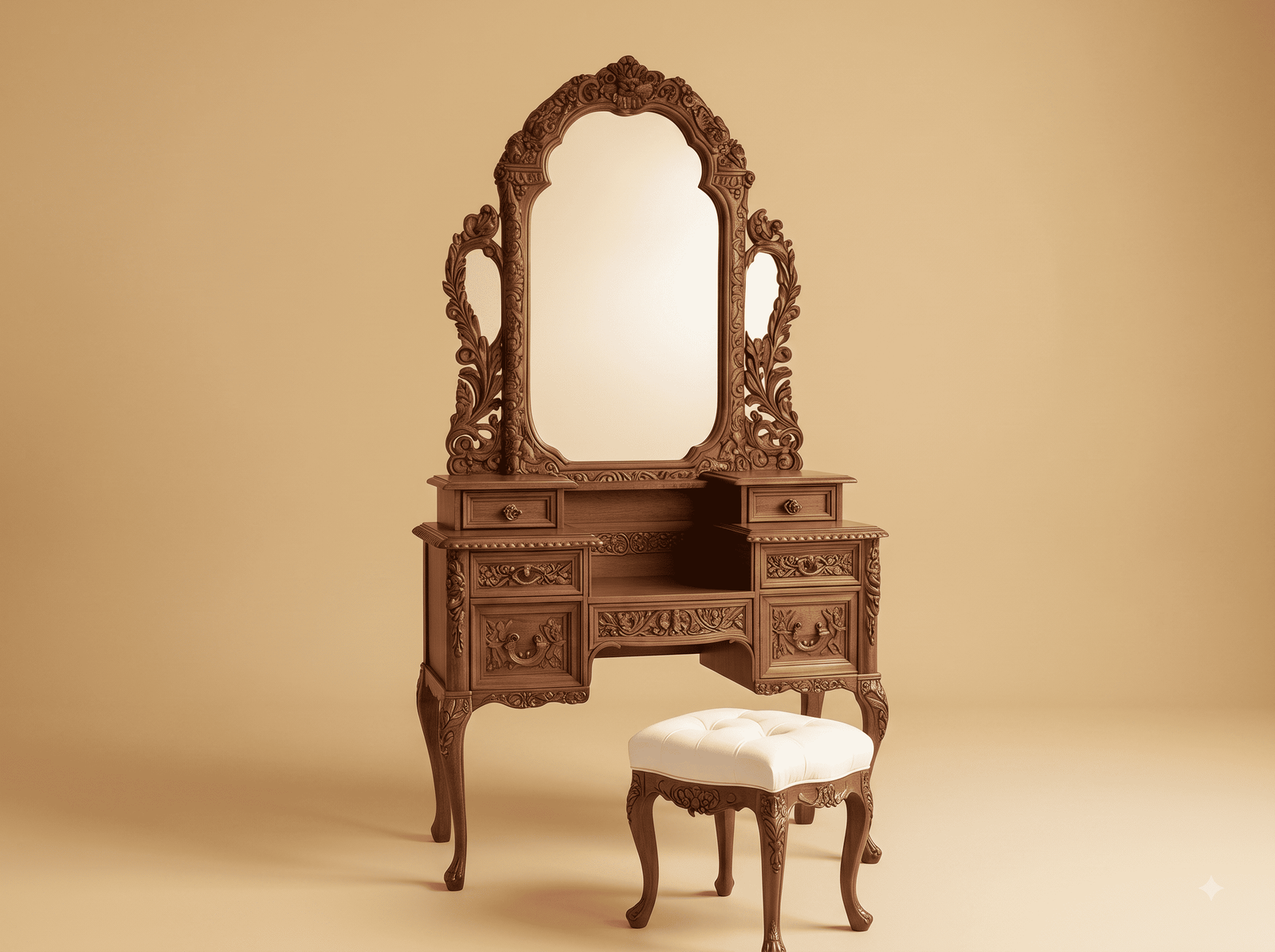 Wooden Dressing Table in Carved Teak - Natural Finish with Stool